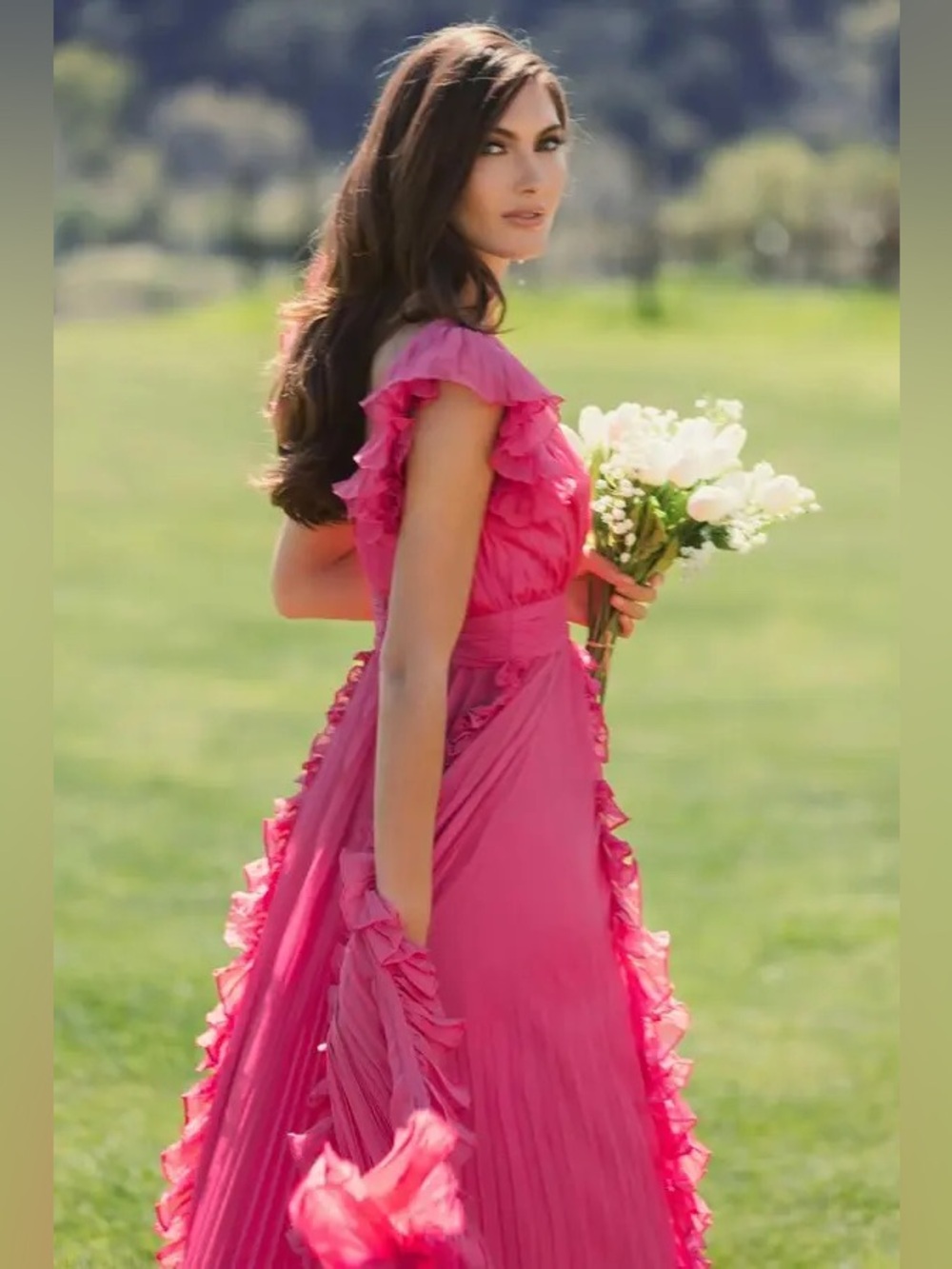 Mac Duggal Pleated Flutter-Sleeve Deep-V Empire-Waist Gown - Picture 4 of 5